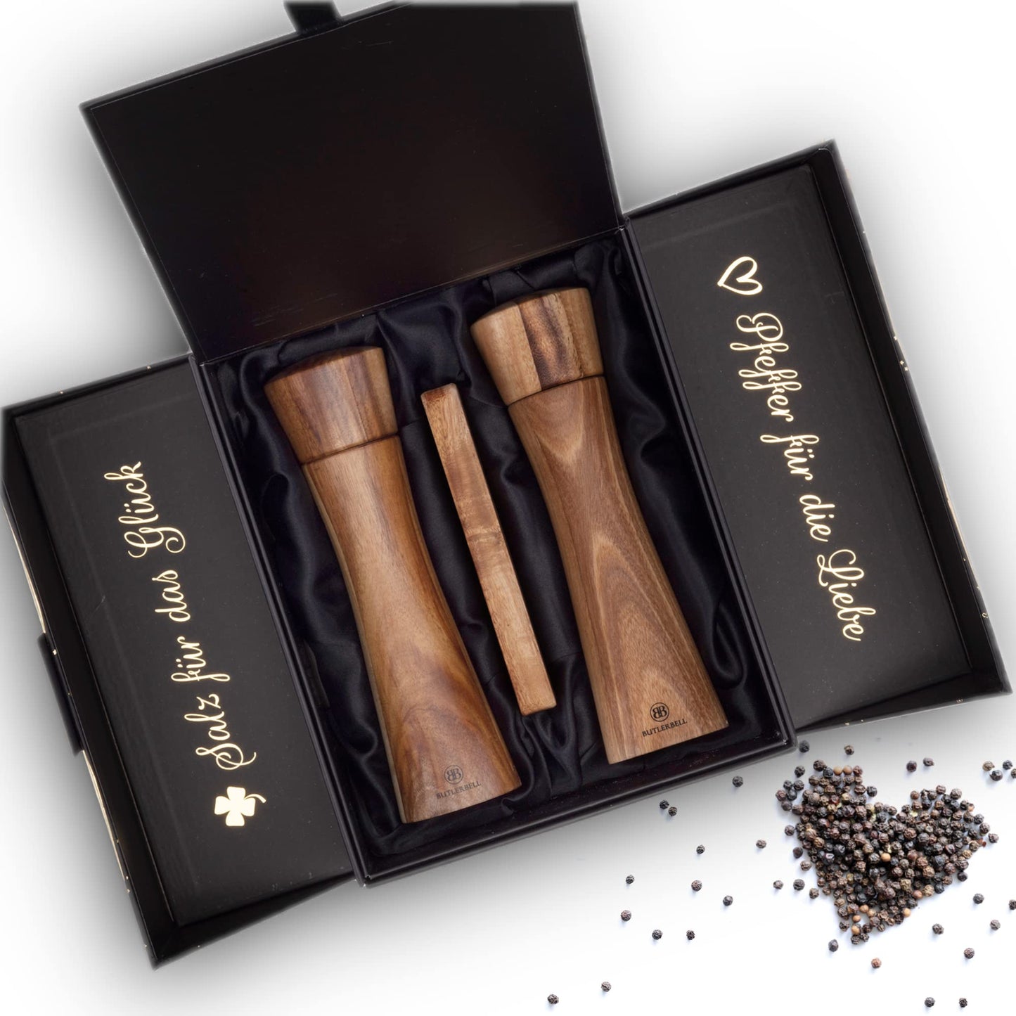 BUTLERBELL® Salz und Pfeffermühle Holz inkl. Untersetzer in luxuriöser Geschenkbox ideal als Hochzeitsgeschenk | Geschenke zur Hochzeit | Hochzeitsgeschenke für Brautpaar (Italienisch)