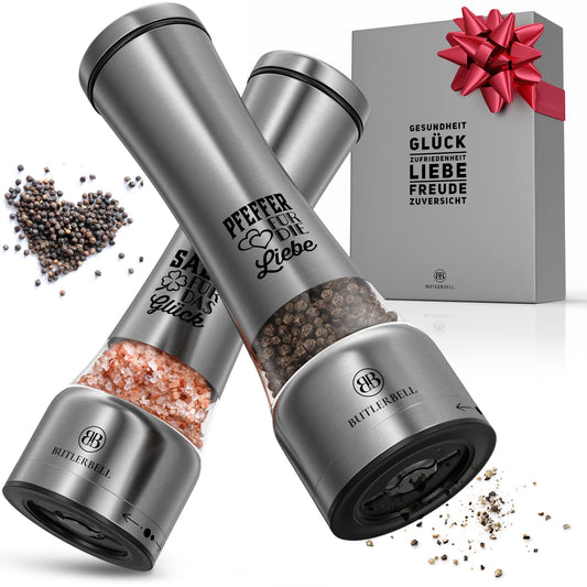 BUTLERBELL® Salz- und Pfeffermühle mit Keramikmahlwerk | Gewürzmühlen-Set | Hochzeitsgeschenke für Brautpaar