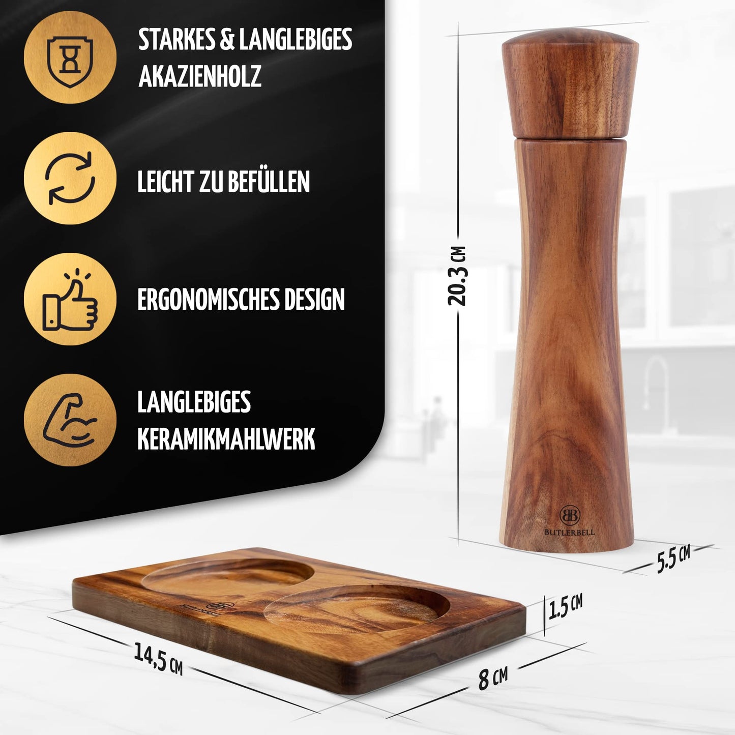 BUTLERBELL® Salz und Pfeffermühle Holz inkl. Untersetzer in luxuriöser Geschenkbox ideal als Hochzeitsgeschenk | Geschenke zur Hochzeit | Hochzeitsgeschenke für Brautpaar (Italienisch)