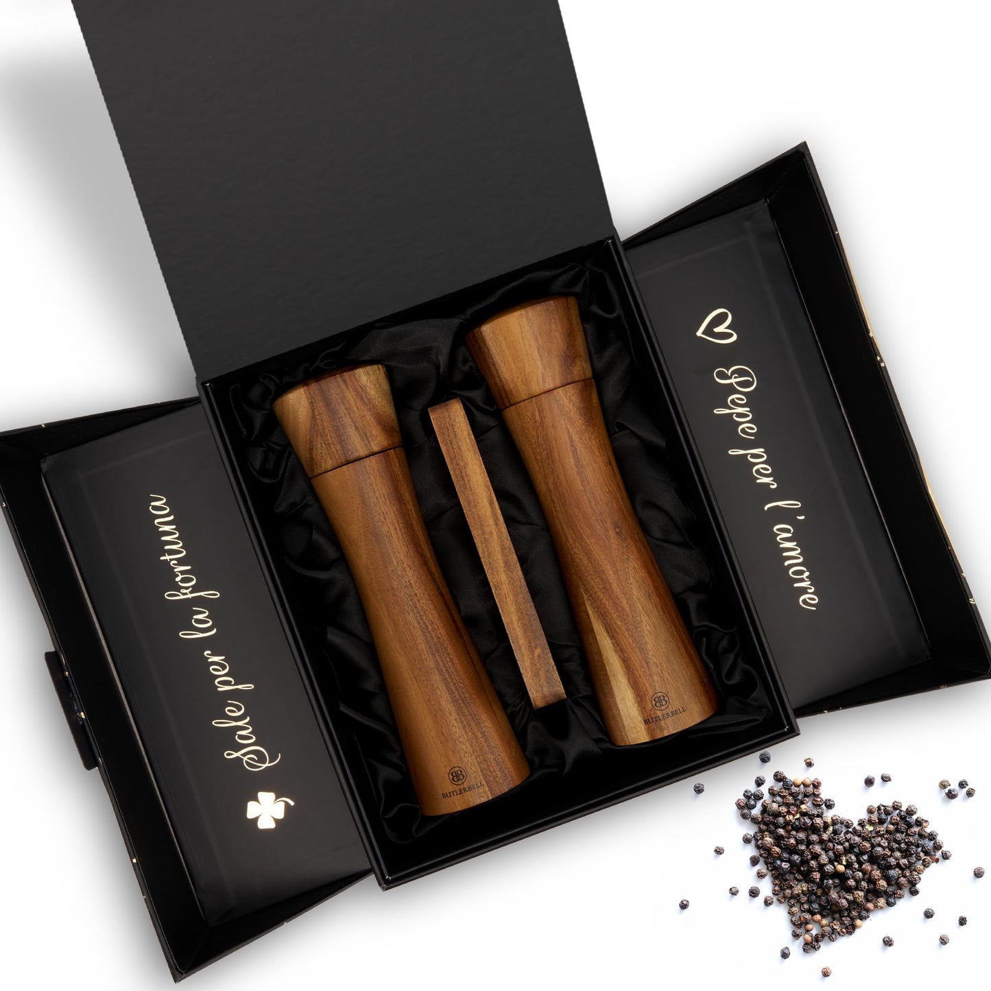 BUTLERBELL® Salz und Pfeffermühle Holz inkl. Untersetzer | 2er Set Gewürzmühle mit verstellbarem Keramikmahlwerk | Edle Salzmühle &amp; Pfeffermühle aus hochwertigem Akazienholz