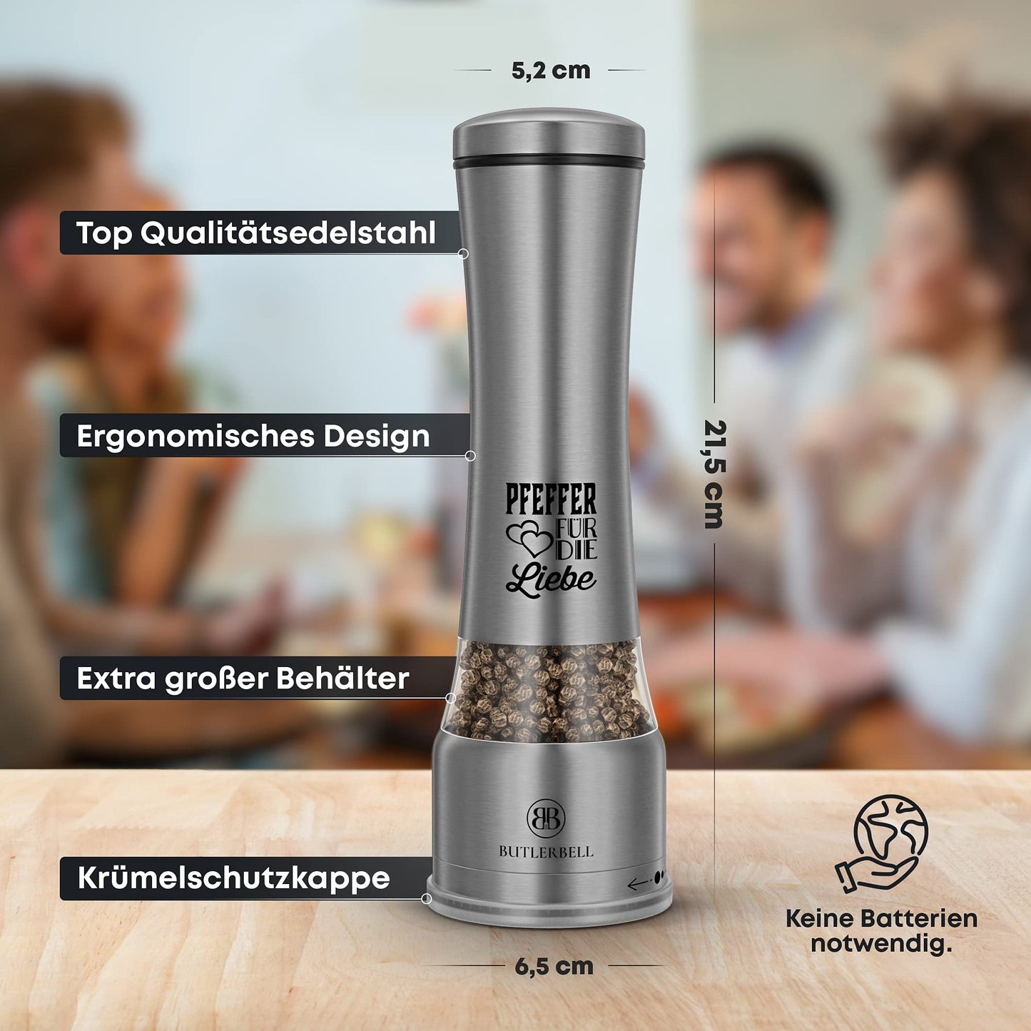 BUTLERBELL® Salz- und Pfeffermühle mit Keramikmahlwerk | Gewürzmühlen-Set | Hochzeitsgeschenke für Brautpaar