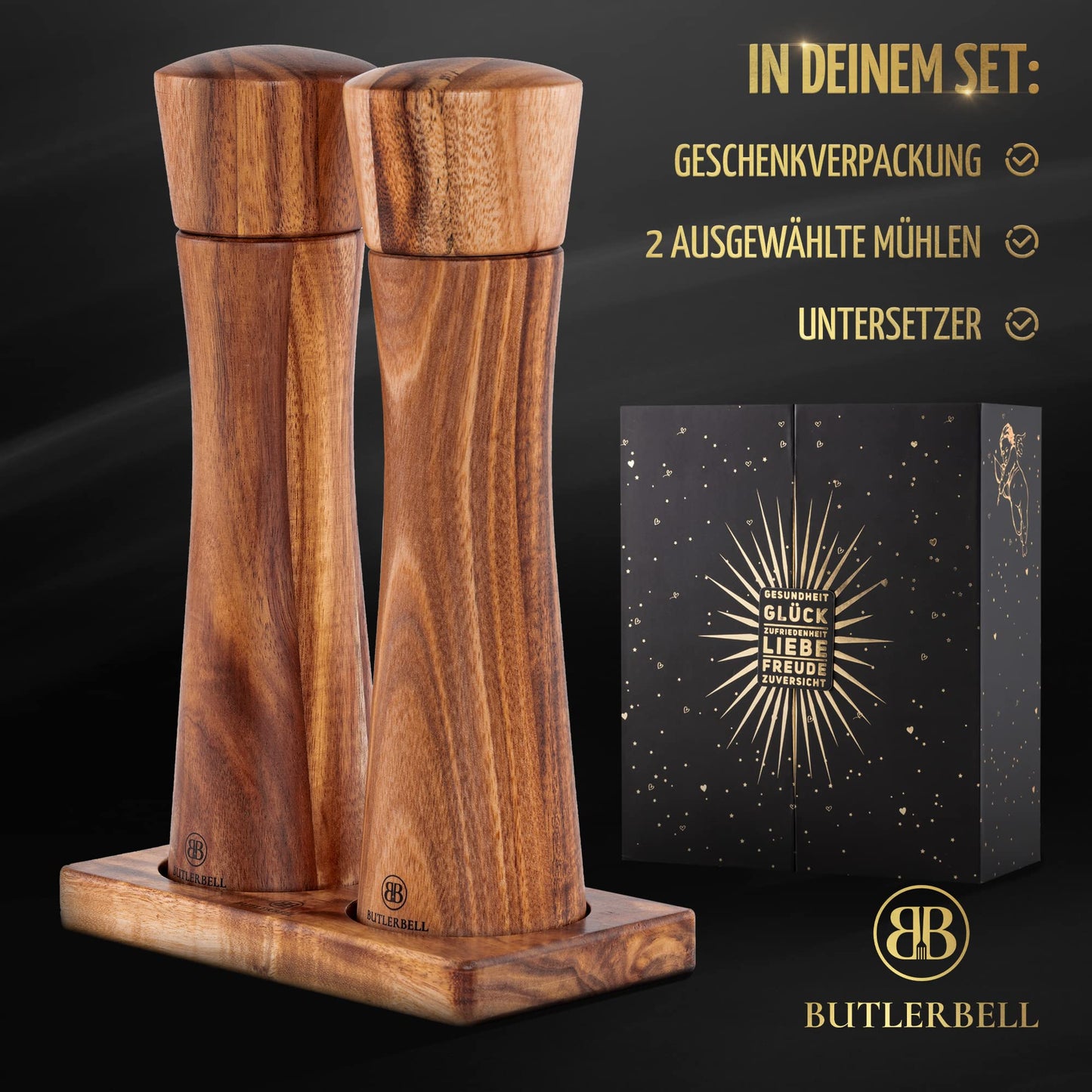 BUTLERBELL® Salz und Pfeffermühle Holz inkl. Untersetzer in luxuriöser Geschenkbox ideal als Hochzeitsgeschenk | Geschenke zur Hochzeit | Hochzeitsgeschenke für Brautpaar (Italienisch)