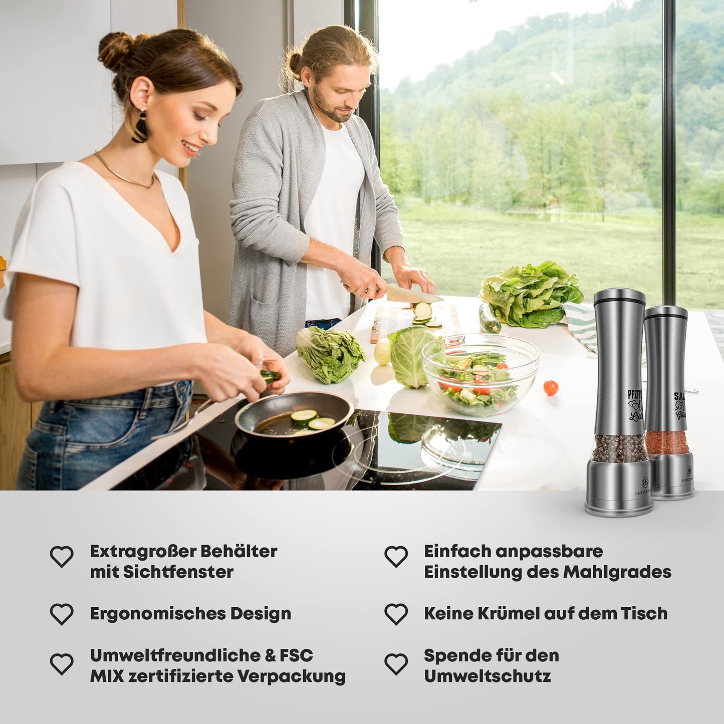 BUTLERBELL® Salz- und Pfeffermühle mit Keramikmahlwerk | Gewürzmühlen-Set | Hochzeitsgeschenke für Brautpaar
