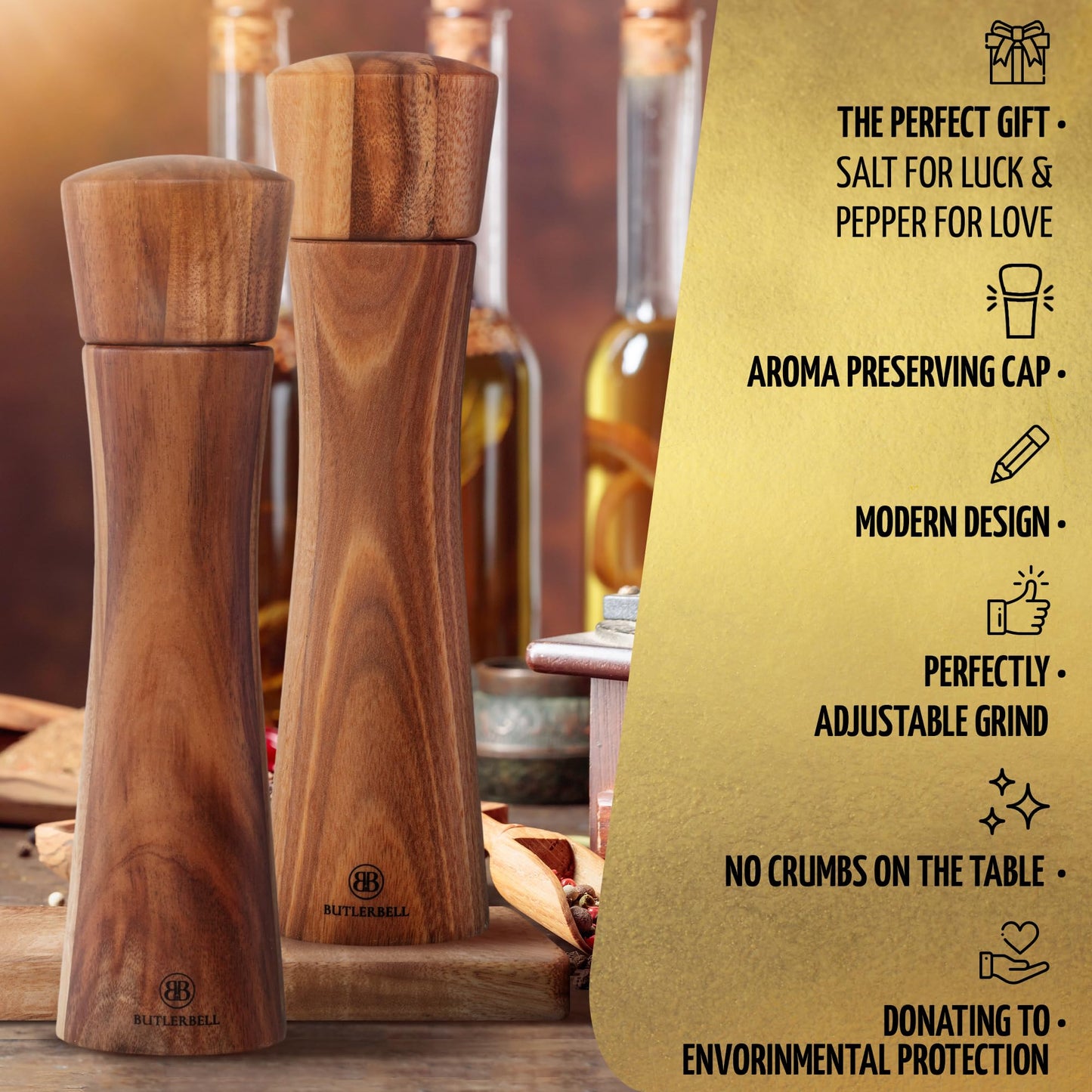 BUTLERBELL® Salz und Pfeffermühle Holz inkl. Untersetzer | 2er Set Gewürzmühle mit verstellbarem Keramikmahlwerk | Edle Salzmühle &amp; Pfeffermühle aus hochwertigem Akazienholz