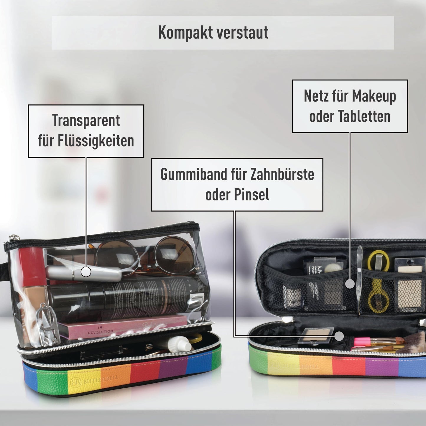 BUTLERBELL Kulturbeutel Transparent mit blickdichtem Teil I Kulturtasche zum Transport von Flüssigkeiten I Kosmetiktasche Durchsichtig I Handgepäck-Reisezubehör I Damen &amp; Herren (Rose Gold)