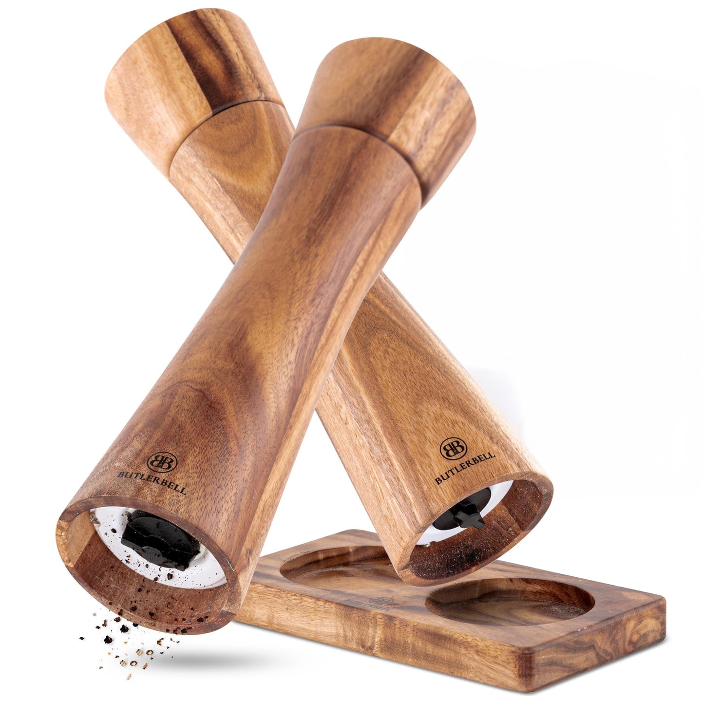 BUTLERBELL® Salz und Pfeffermühle Holz inkl. Untersetzer | 2er Set Gewürzmühle mit verstellbarem Keramikmahlwerk | Edle Salzmühle &amp; Pfeffermühle aus hochwertigem Akazienholz