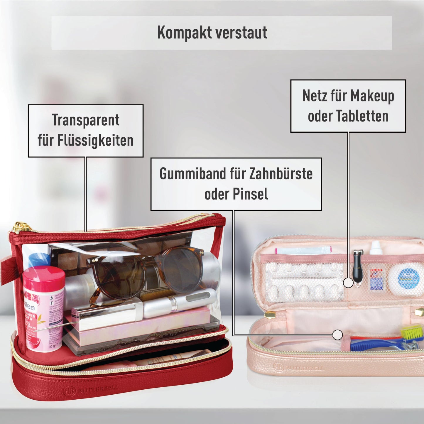 BUTLERBELL Kulturbeutel Transparent mit blickdichtem Teil I Kulturtasche zum Transport von Flüssigkeiten ! Kosmetiktasche Durchsichtig I Handgepäck-Reisezubehör I Damen &amp; Herren (Regenbogen)