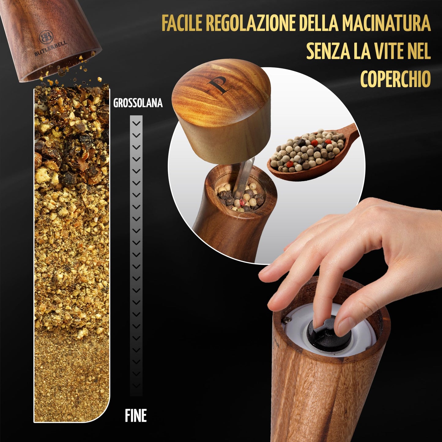 BUTLERBELL® Salz und Pfeffermühle Holz inkl. Untersetzer | 2er Set Gewürzmühle mit verstellbarem Keramikmahlwerk | Edle Salzmühle &amp; Pfeffermühle aus hochwertigem Akazienholz