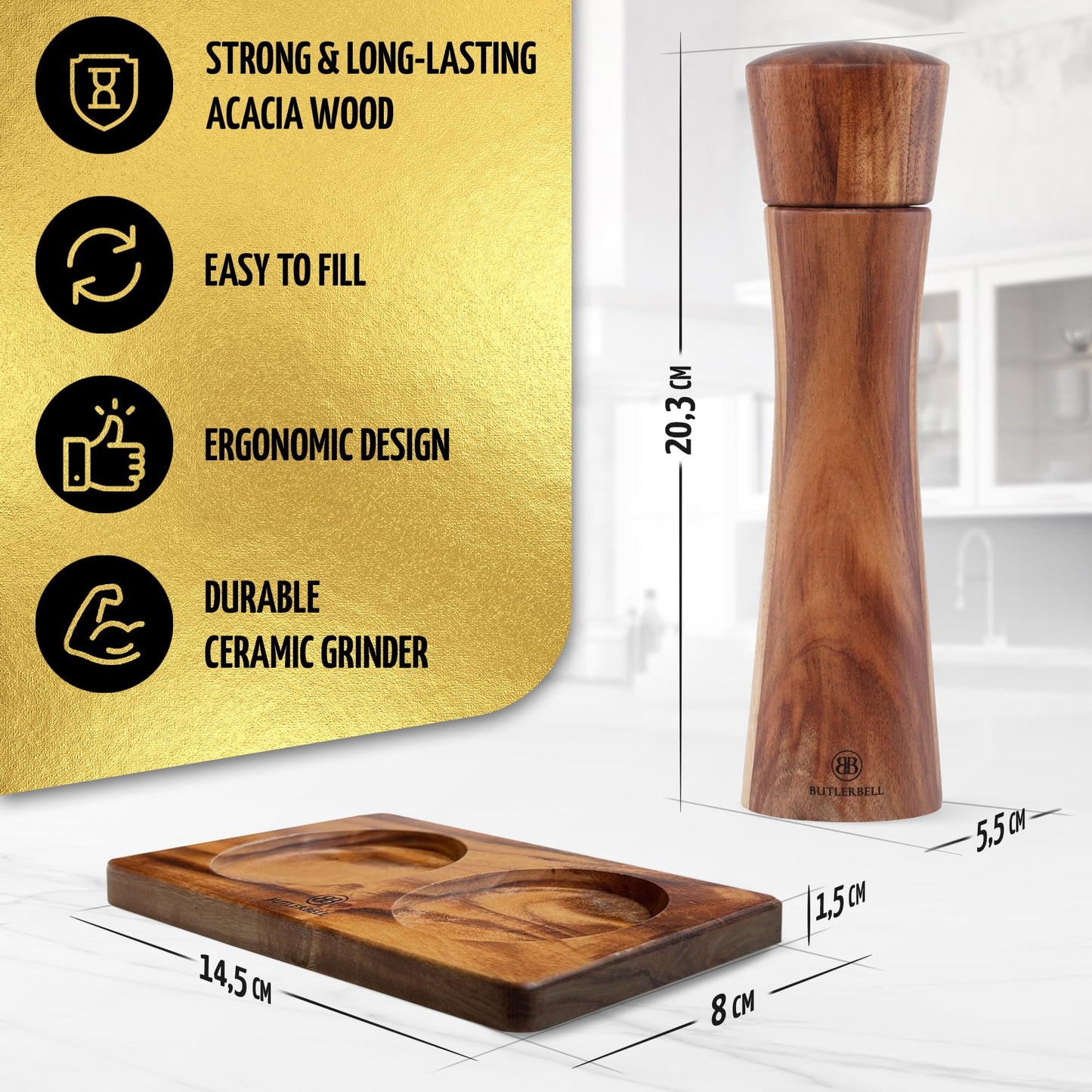 BUTLERBELL® Salz und Pfeffermühle Holz inkl. Untersetzer | 2er Set Gewürzmühle mit verstellbarem Keramikmahlwerk | Edle Salzmühle &amp; Pfeffermühle aus hochwertigem Akazienholz