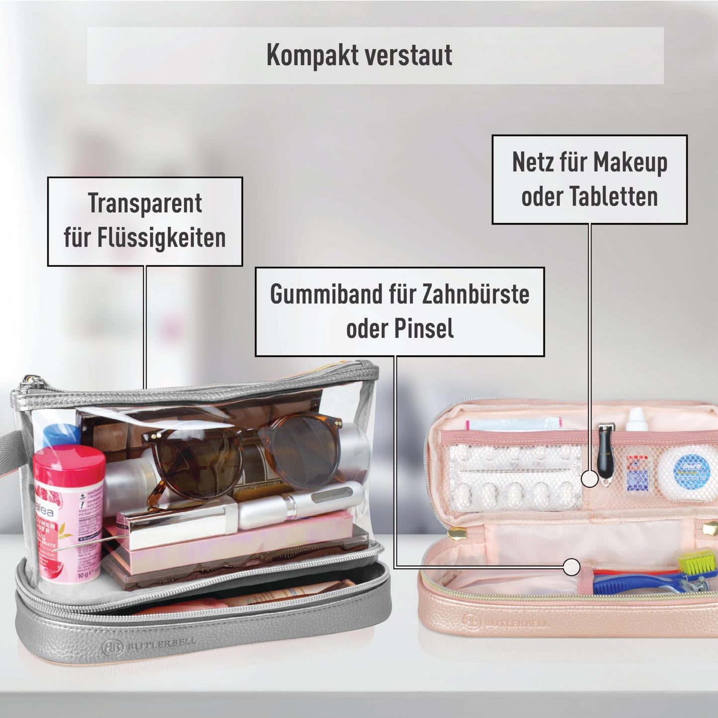 BUTLERBELL Kulturbeutel Transparent mit blickdichtem Teil I Kulturtasche zum Transport von Flüssigkeiten I Kosmetiktasche Durchsichtig I Handgepäck-Reisezubehör I Damen &amp; Herren (Rose Gold)