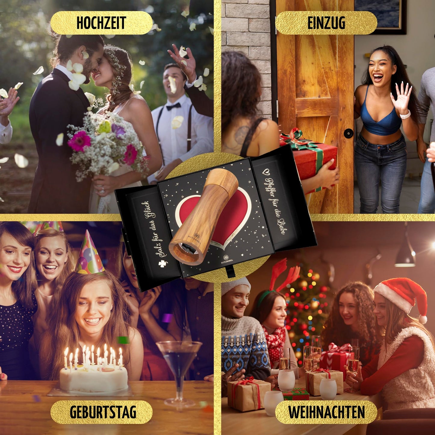 BUTLERBELL® Salz und Pfeffermühle Holz in Luxus Geschenkbox mit Herz ideal als Hochzeitsgeschenk | Geschenke zur Hochzeit | Hochzeitsgeschenke für Brautpaar | Einweihungsgeschenk (Engel)