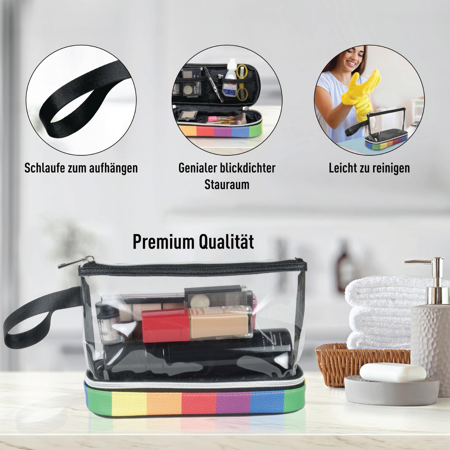 BUTLERBELL Kulturbeutel Transparent mit blickdichtem Teil I Kulturtasche zum Transport von Flüssigkeiten I Kosmetiktasche Durchsichtig I Handgepäck-Reisezubehör I Damen &amp; Herren (Rose Gold)