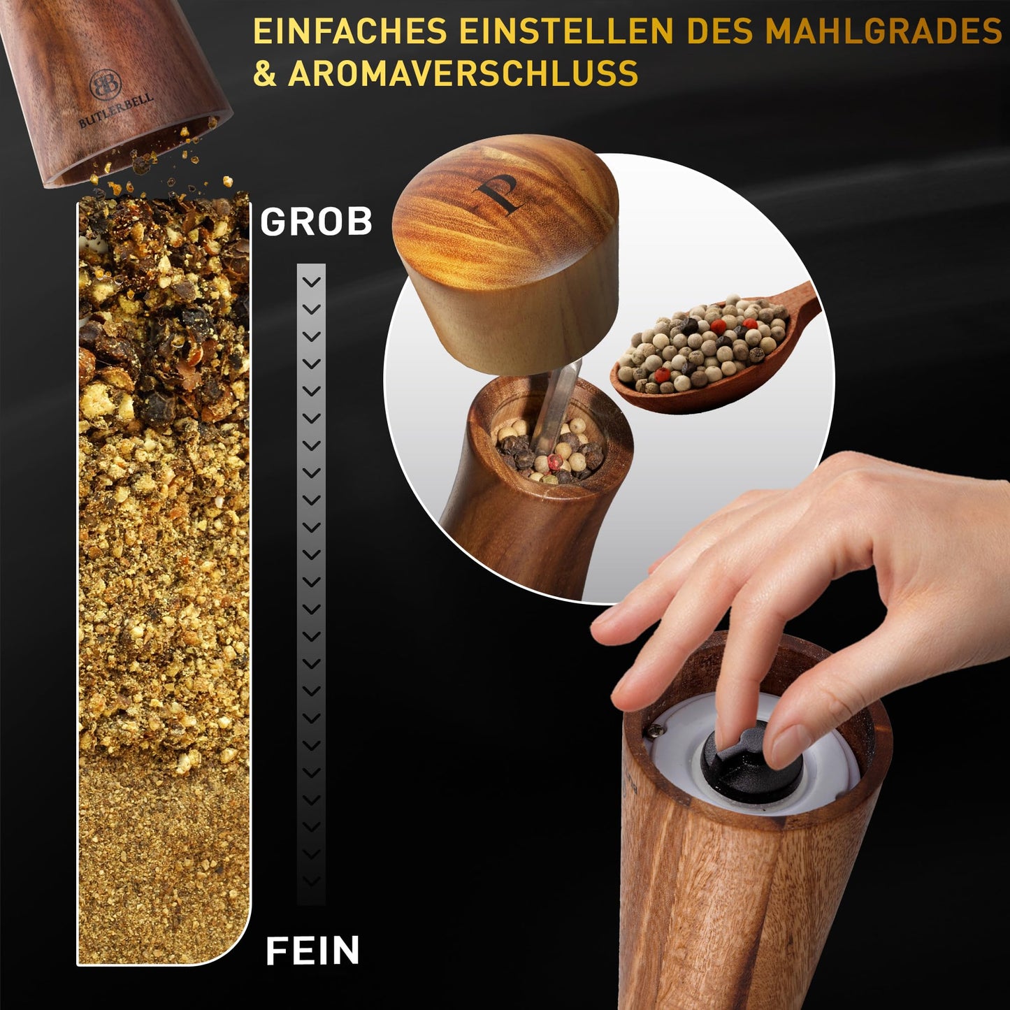 BUTLERBELL® Salz und Pfeffermühle Holz inkl. Untersetzer | 2er Set Gewürzmühle mit verstellbarem Keramikmahlwerk | Edle Salzmühle &amp; Pfeffermühle aus hochwertigem Akazienholz