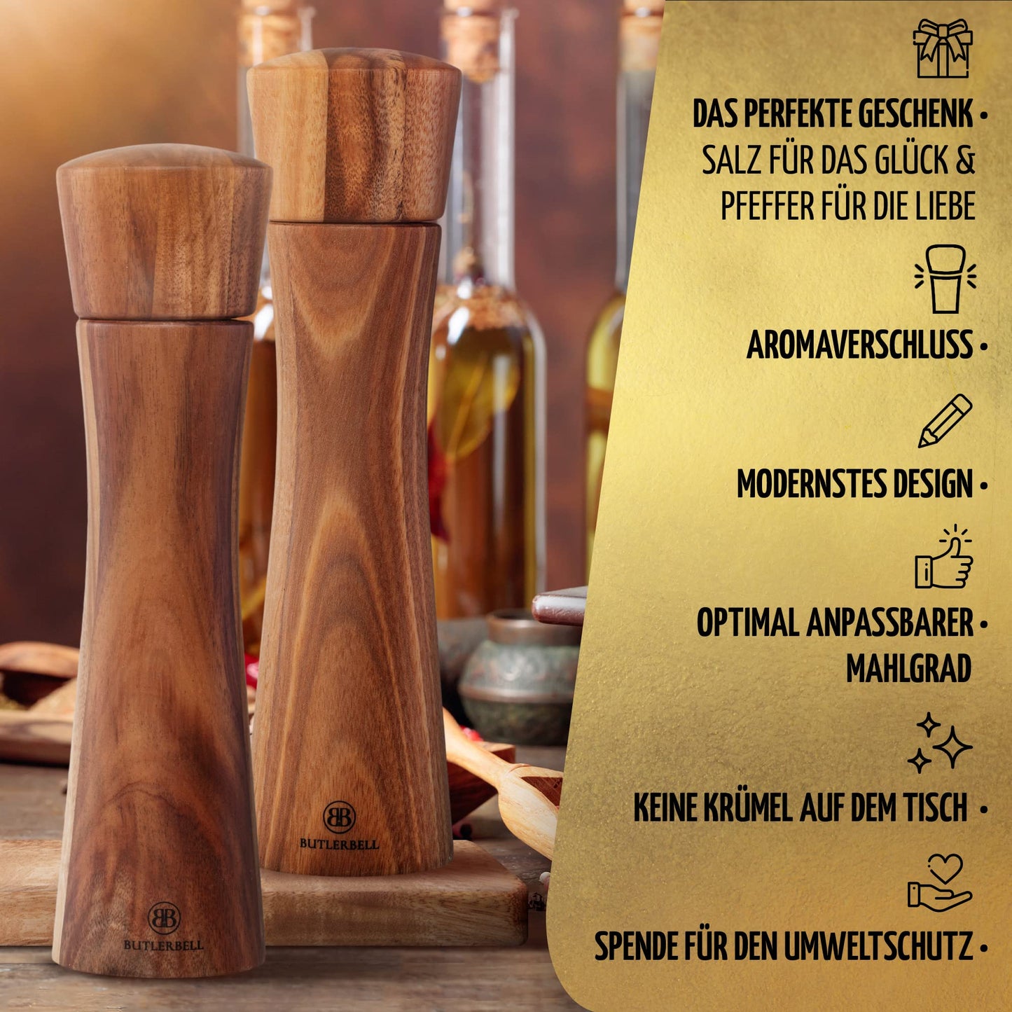 BUTLERBELL® Salz und Pfeffermühle Holz inkl. Untersetzer in luxuriöser Geschenkbox ideal als Hochzeitsgeschenk | Geschenke zur Hochzeit | Hochzeitsgeschenke für Brautpaar (Italienisch)
