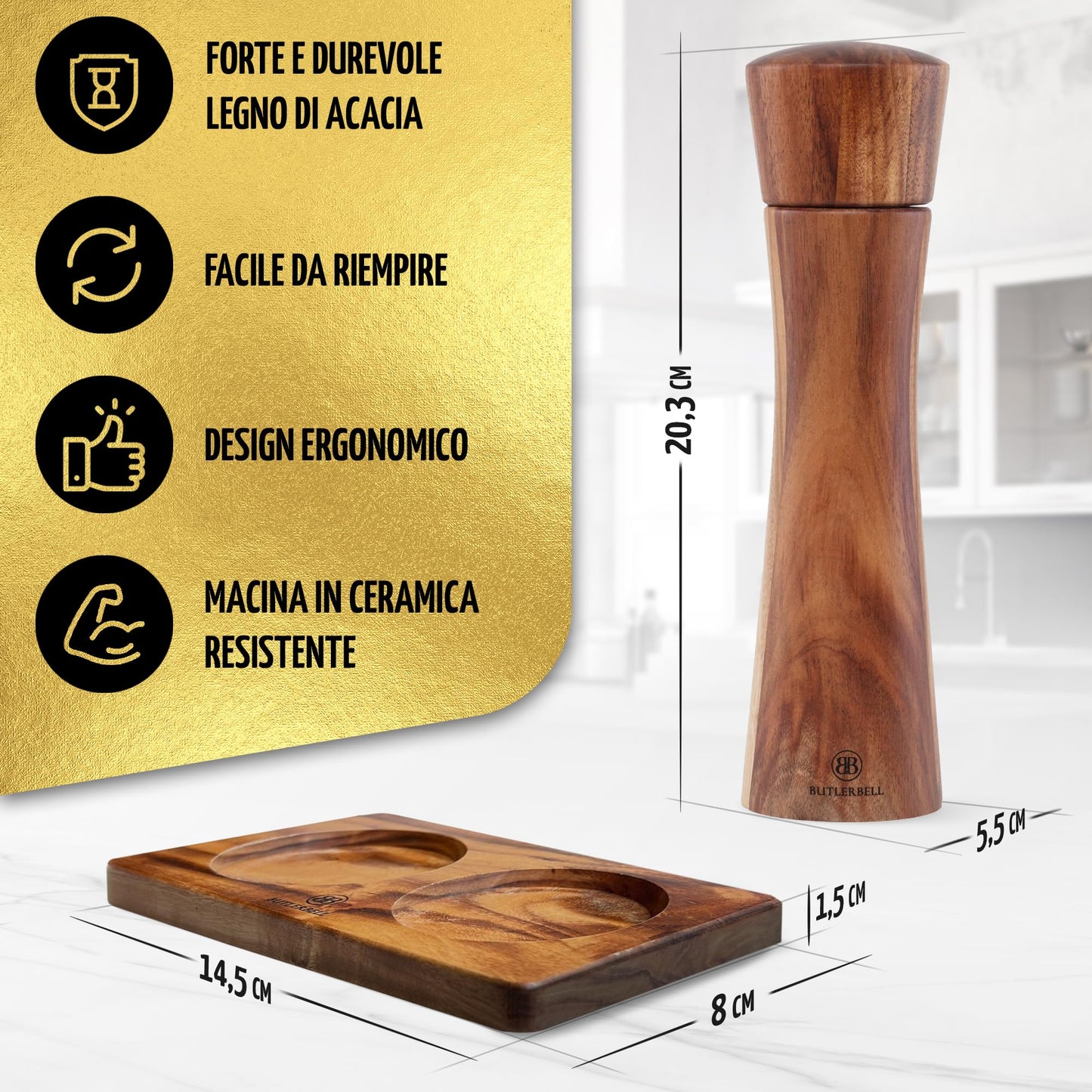 BUTLERBELL® Salz und Pfeffermühle Holz inkl. Untersetzer in luxuriöser Geschenkbox ideal als Hochzeitsgeschenk | Geschenke zur Hochzeit | Hochzeitsgeschenke für Brautpaar (Italienisch)