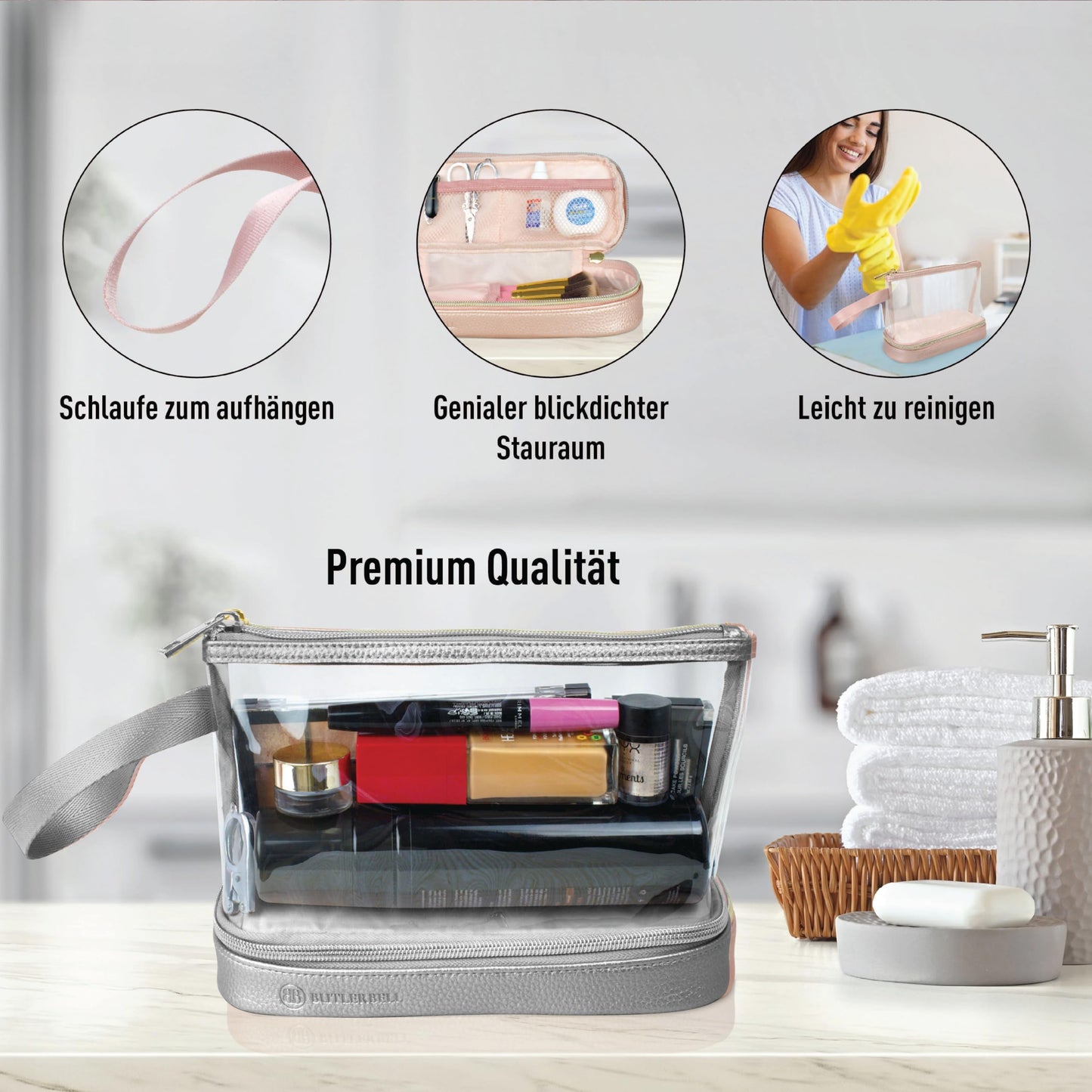 BUTLERBELL Kulturbeutel Transparent mit blickdichtem Teil I Kulturtasche zum Transport von Flüssigkeiten I Kosmetiktasche Durchsichtig I Handgepäck-Reisezubehör I Damen &amp; Herren (Rose Gold)