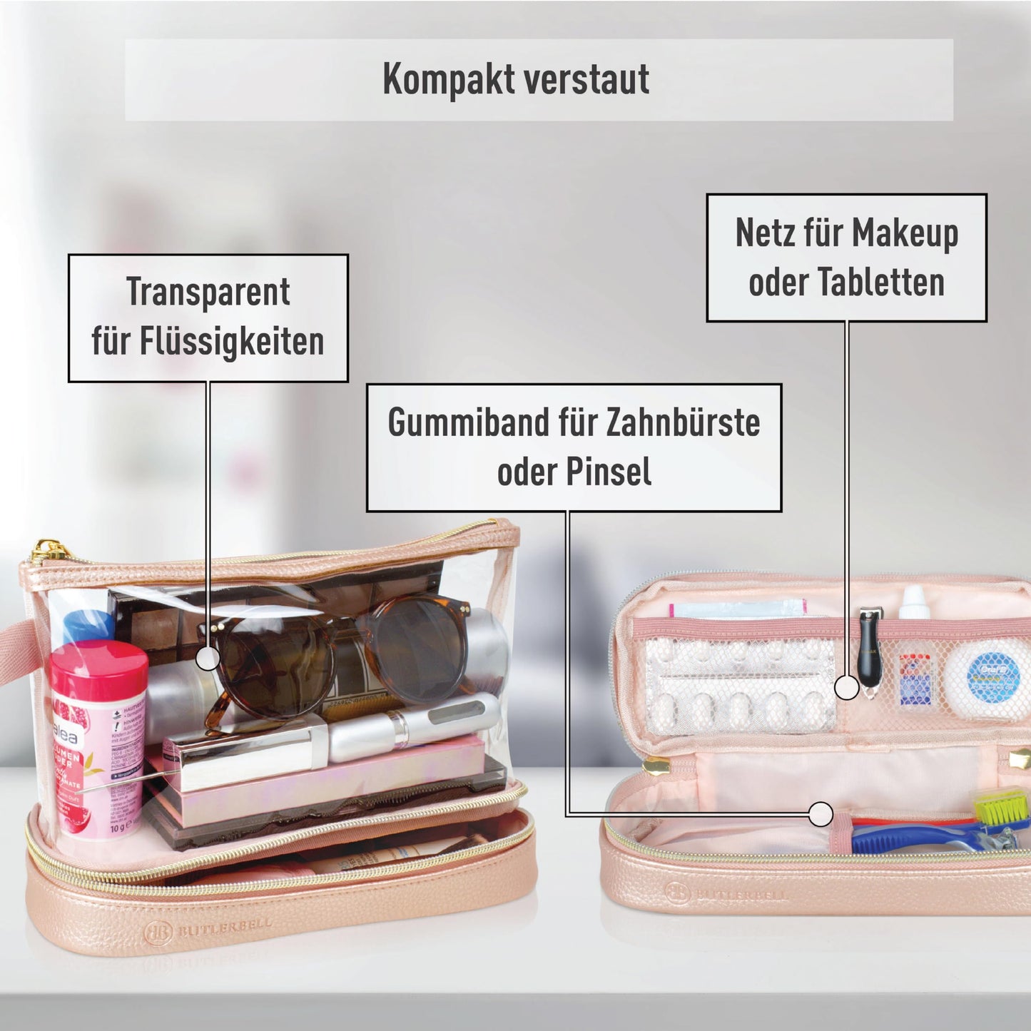 BUTLERBELL Kulturbeutel Transparent mit blickdichtem Teil I Kulturtasche zum Transport von Flüssigkeiten ! Kosmetiktasche Durchsichtig I Handgepäck-Reisezubehör I Damen &amp; Herren (Regenbogen)
