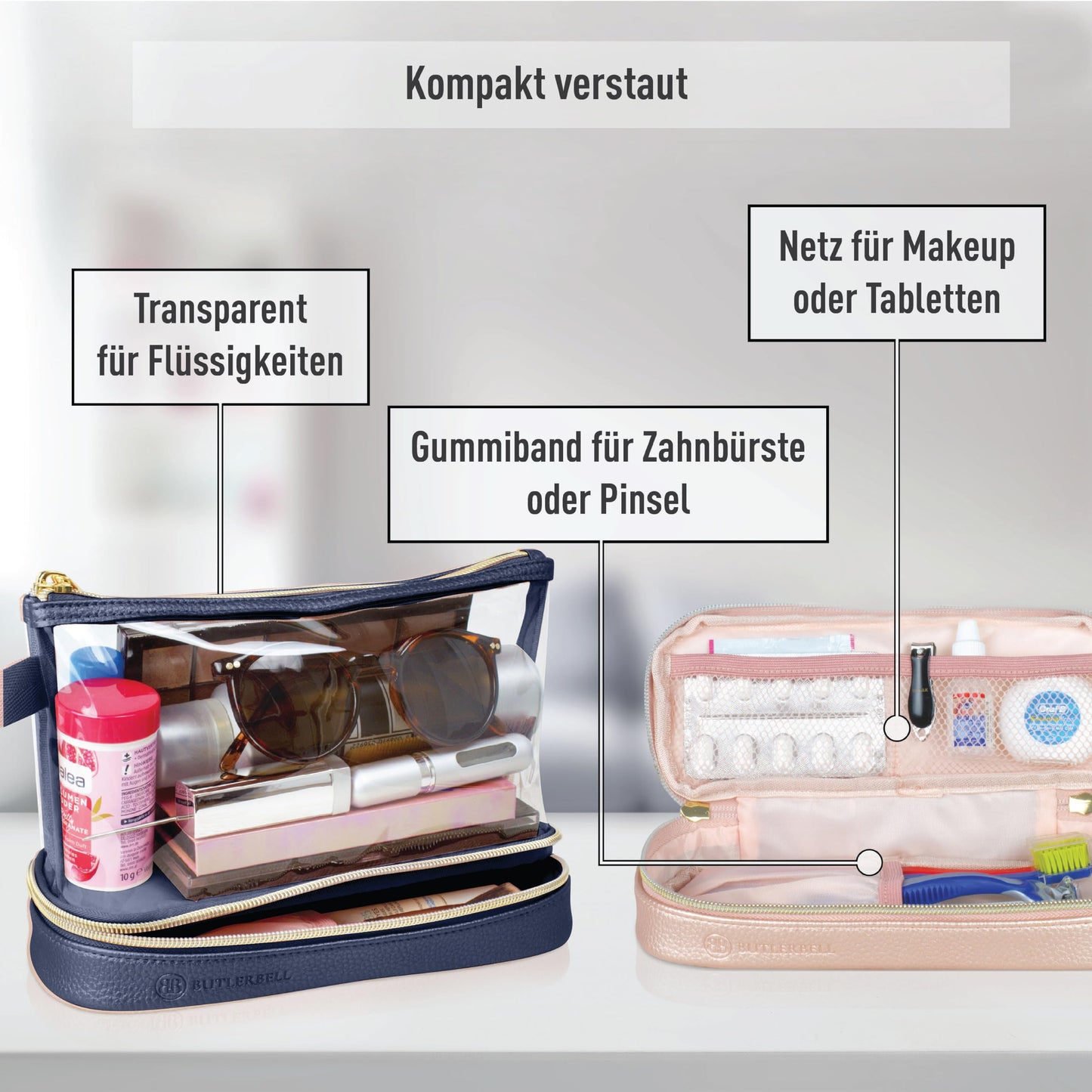 BUTLERBELL Kulturbeutel Transparent mit blickdichtem Teil I Kulturtasche zum Transport von Flüssigkeiten ! Kosmetiktasche Durchsichtig I Handgepäck-Reisezubehör I Damen &amp; Herren (Regenbogen)
