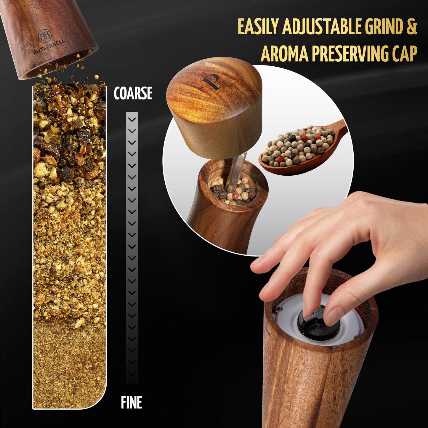 BUTLERBELL® Salz und Pfeffermühle Holz inkl. Untersetzer in luxuriöser Geschenkbox ideal als Hochzeitsgeschenk | Geschenke zur Hochzeit | Hochzeitsgeschenke für Brautpaar (Italienisch)