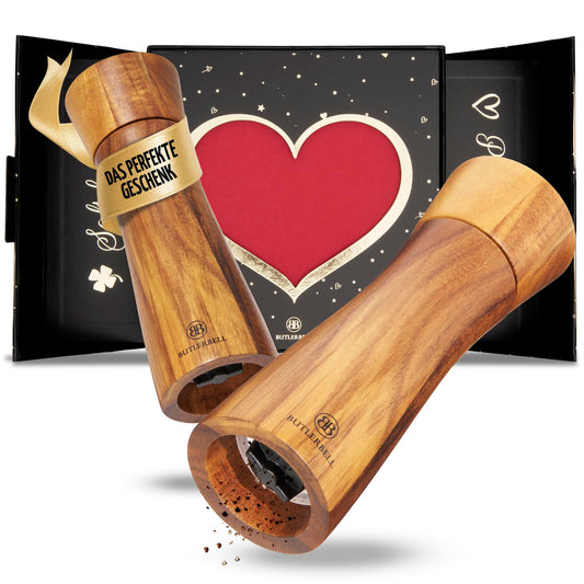 BUTLERBELL® Salz und Pfeffermühle Holz in Luxus Geschenkbox mit Herz ideal als Hochzeitsgeschenk | Geschenke zur Hochzeit | Hochzeitsgeschenke für Brautpaar | Einweihungsgeschenk (Engel)