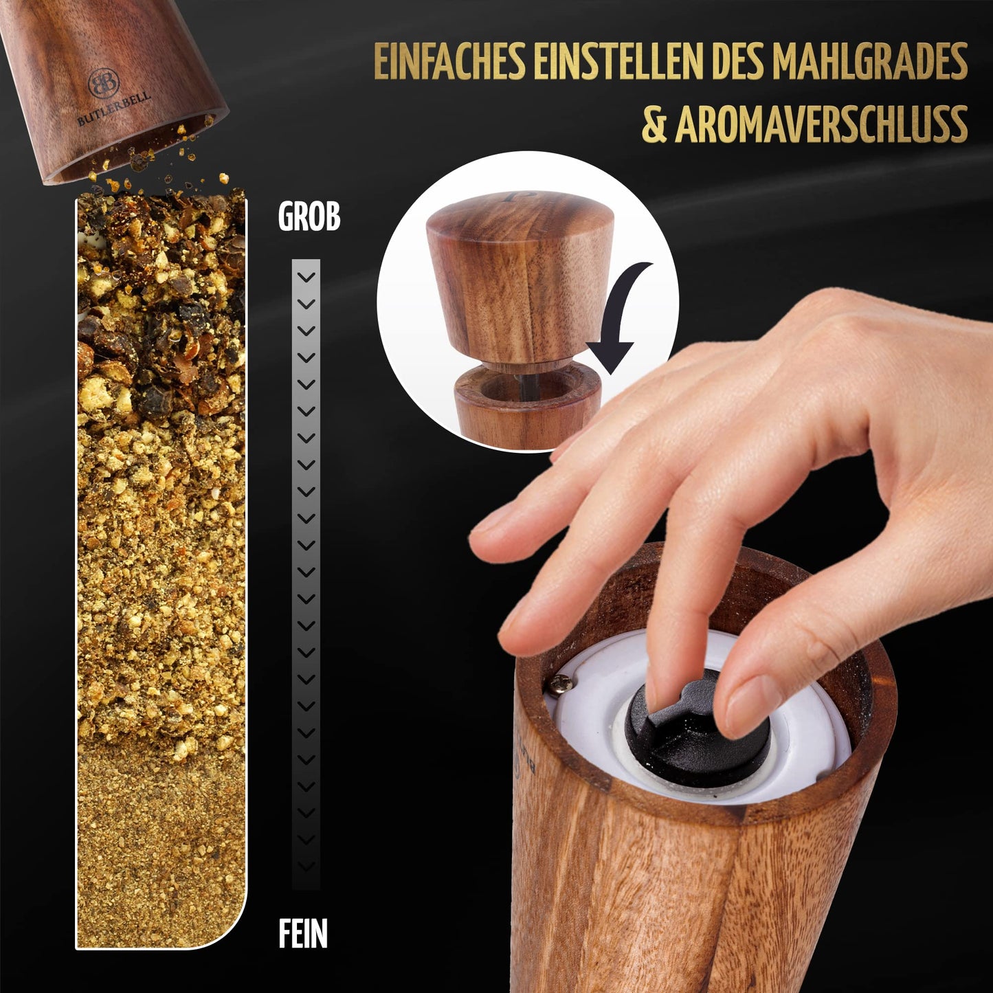 BUTLERBELL® Salz und Pfeffermühle Holz inkl. Untersetzer in luxuriöser Geschenkbox ideal als Hochzeitsgeschenk | Geschenke zur Hochzeit | Hochzeitsgeschenke für Brautpaar (Italienisch)