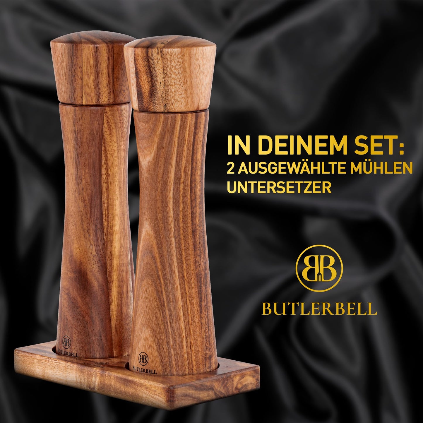 BUTLERBELL® Salz und Pfeffermühle Holz inkl. Untersetzer in luxuriöser Geschenkbox ideal als Hochzeitsgeschenk | Geschenke zur Hochzeit | Hochzeitsgeschenke für Brautpaar (Italienisch)