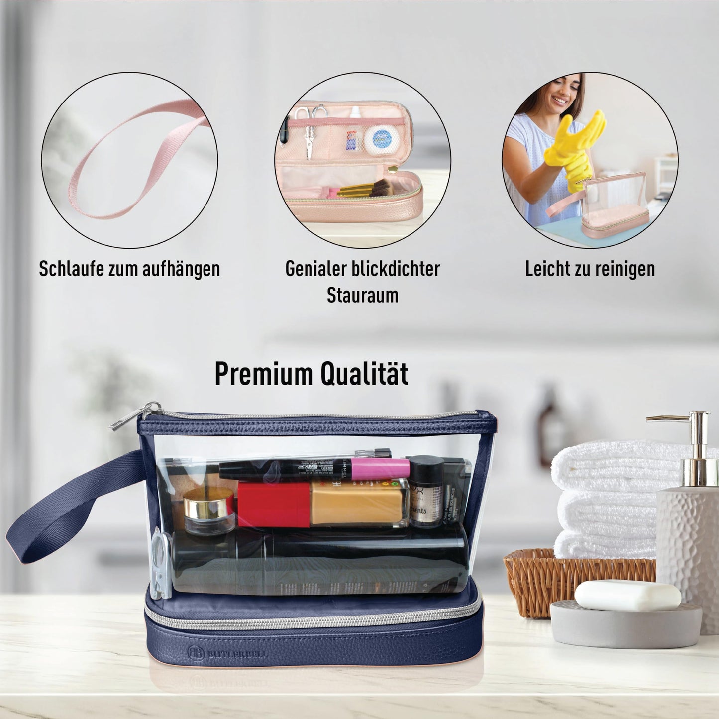 BUTLERBELL Kulturbeutel Transparent mit blickdichtem Teil I Kulturtasche zum Transport von Flüssigkeiten I Kosmetiktasche Durchsichtig I Handgepäck-Reisezubehör I Damen &amp; Herren (Rose Gold)