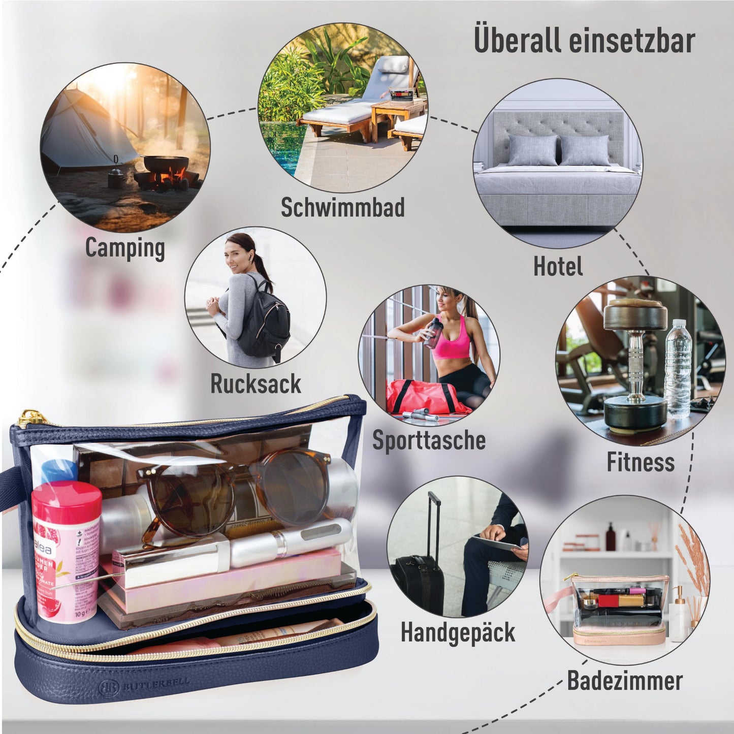 BUTLERBELL Kulturbeutel Transparent mit blickdichtem Teil I Kulturtasche zum Transport von Flüssigkeiten I Kosmetiktasche Durchsichtig I Handgepäck-Reisezubehör I Damen &amp; Herren (Rose Gold)