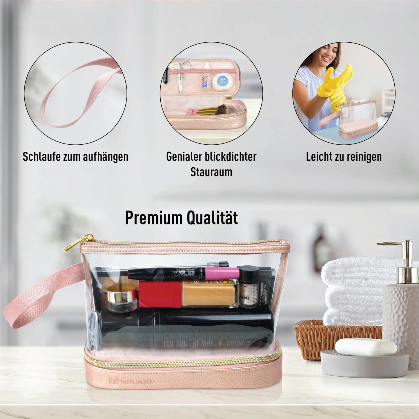 BUTLERBELL Kulturbeutel Transparent mit blickdichtem Teil I Kulturtasche zum Transport von Flüssigkeiten I Kosmetiktasche Durchsichtig I Handgepäck-Reisezubehör I Damen &amp; Herren (Rose Gold)