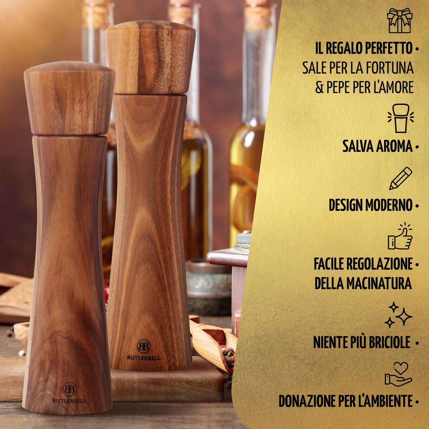 BUTLERBELL® Salz und Pfeffermühle Holz inkl. Untersetzer in luxuriöser Geschenkbox ideal als Hochzeitsgeschenk | Geschenke zur Hochzeit | Hochzeitsgeschenke für Brautpaar (Italienisch)