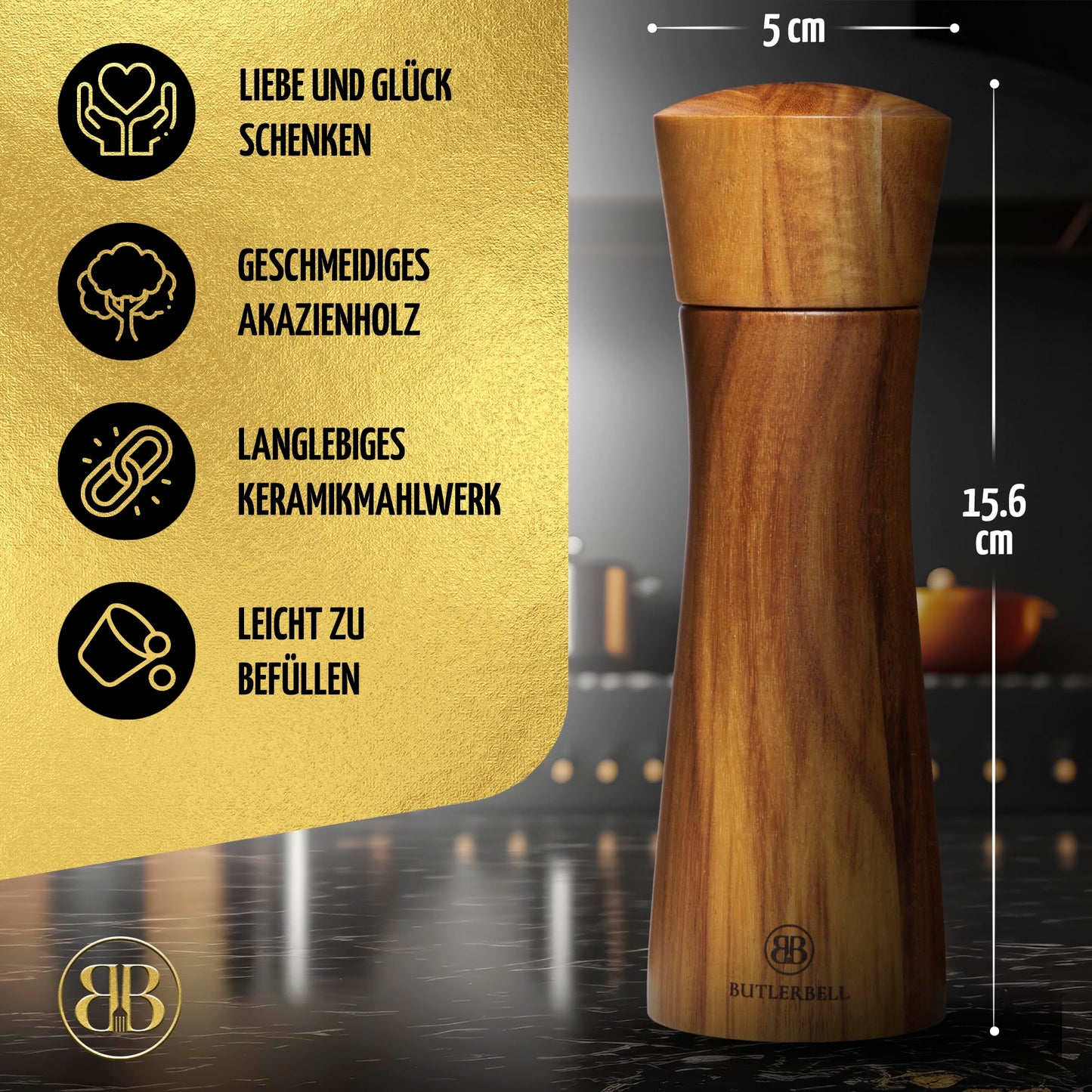 BUTLERBELL® Salz und Pfeffermühle Holz in Luxus Geschenkbox mit Herz ideal als Hochzeitsgeschenk | Geschenke zur Hochzeit | Hochzeitsgeschenke für Brautpaar | Einweihungsgeschenk (Engel)