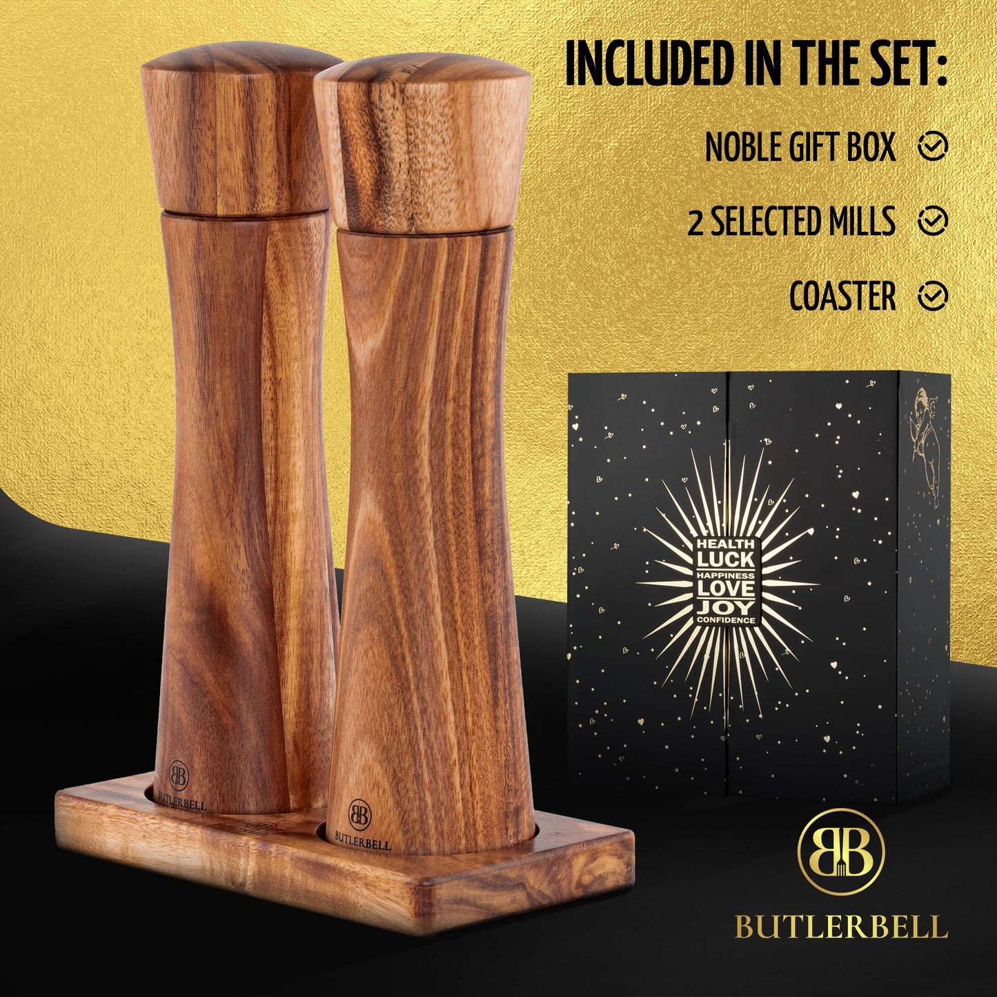 BUTLERBELL® Salz und Pfeffermühle Holz inkl. Untersetzer | 2er Set Gewürzmühle mit verstellbarem Keramikmahlwerk | Edle Salzmühle &amp; Pfeffermühle aus hochwertigem Akazienholz