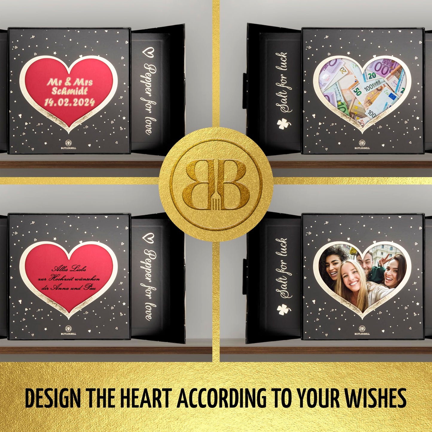 BUTLERBELL® Salz und Pfeffermühle Holz in Luxus Geschenkbox mit Herz ideal als Hochzeitsgeschenk | Geschenke zur Hochzeit | Hochzeitsgeschenke für Brautpaar | Einweihungsgeschenk (Engel)