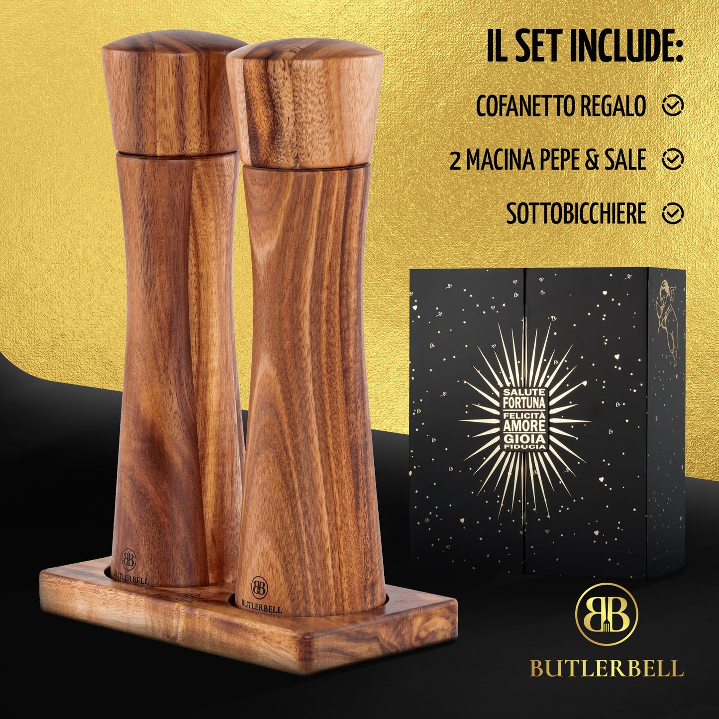 BUTLERBELL® Salz und Pfeffermühle Holz inkl. Untersetzer in luxuriöser Geschenkbox ideal als Hochzeitsgeschenk | Geschenke zur Hochzeit | Hochzeitsgeschenke für Brautpaar | Einweihungsgeschenk