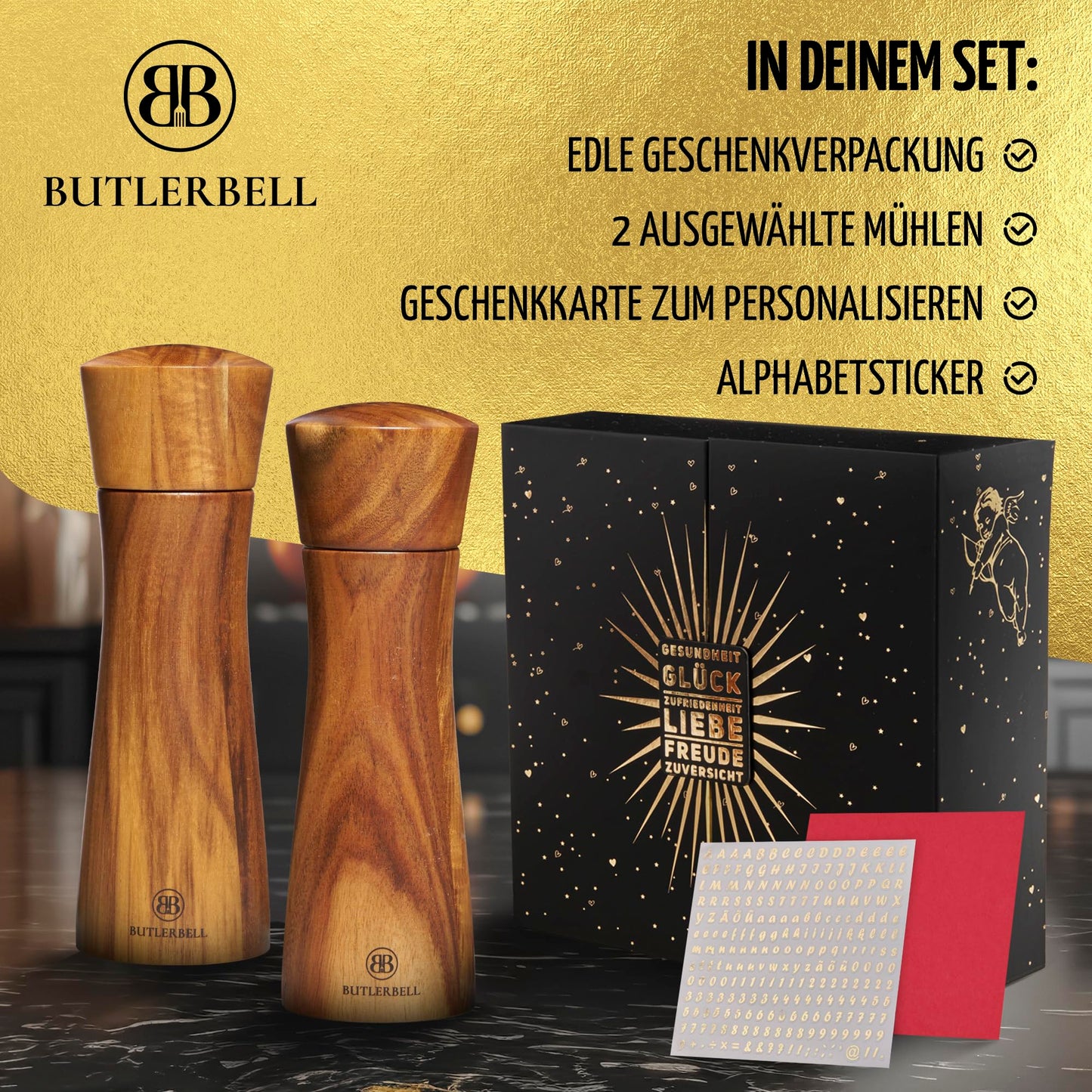 BUTLERBELL® Salz und Pfeffermühle Holz in Luxus Geschenkbox mit Herz ideal als Hochzeitsgeschenk | Geschenke zur Hochzeit | Hochzeitsgeschenke für Brautpaar | Einweihungsgeschenk (Engel)