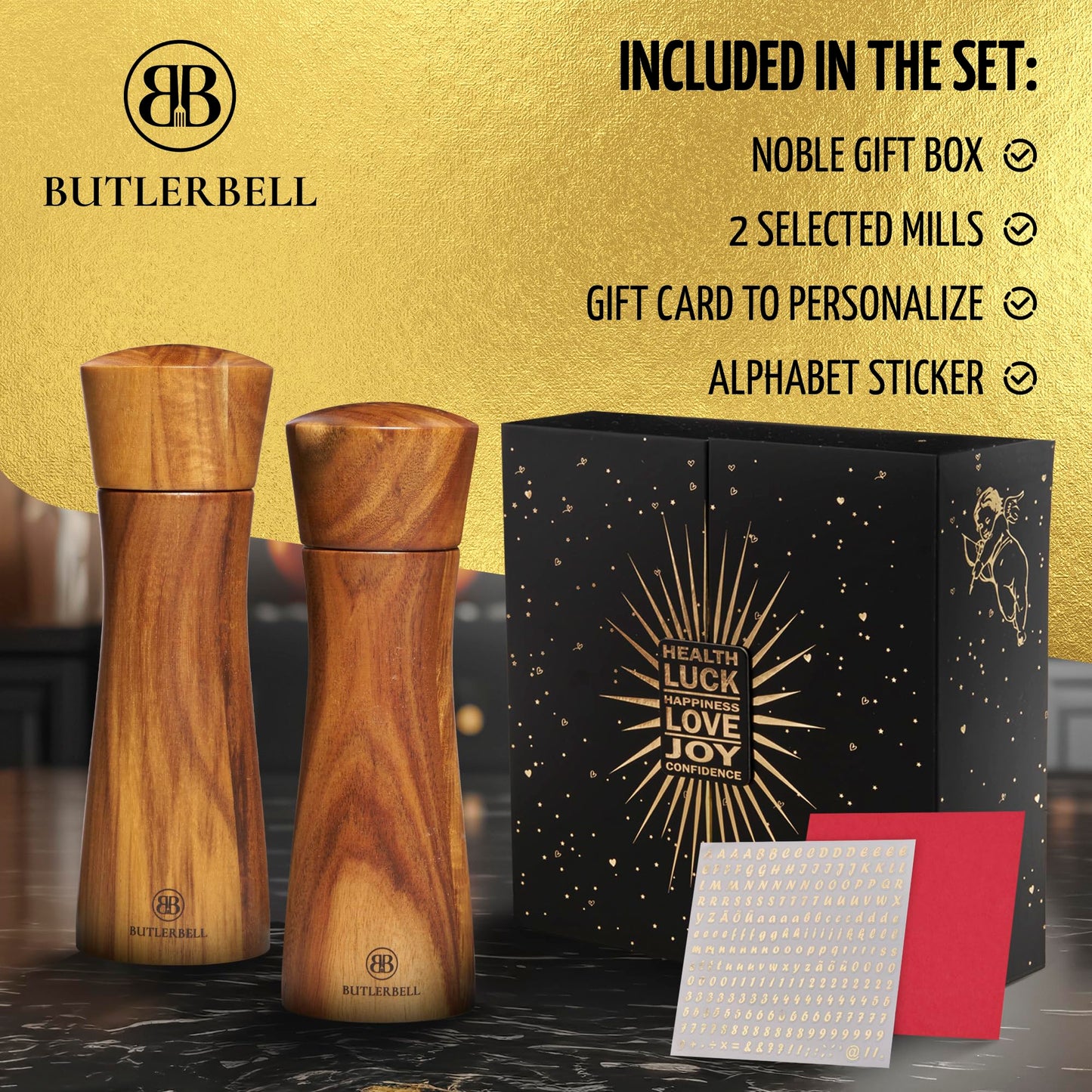 BUTLERBELL® Salz und Pfeffermühle Holz in Luxus Geschenkbox mit Herz ideal als Hochzeitsgeschenk | Geschenke zur Hochzeit | Hochzeitsgeschenke für Brautpaar | Einweihungsgeschenk (Engel)