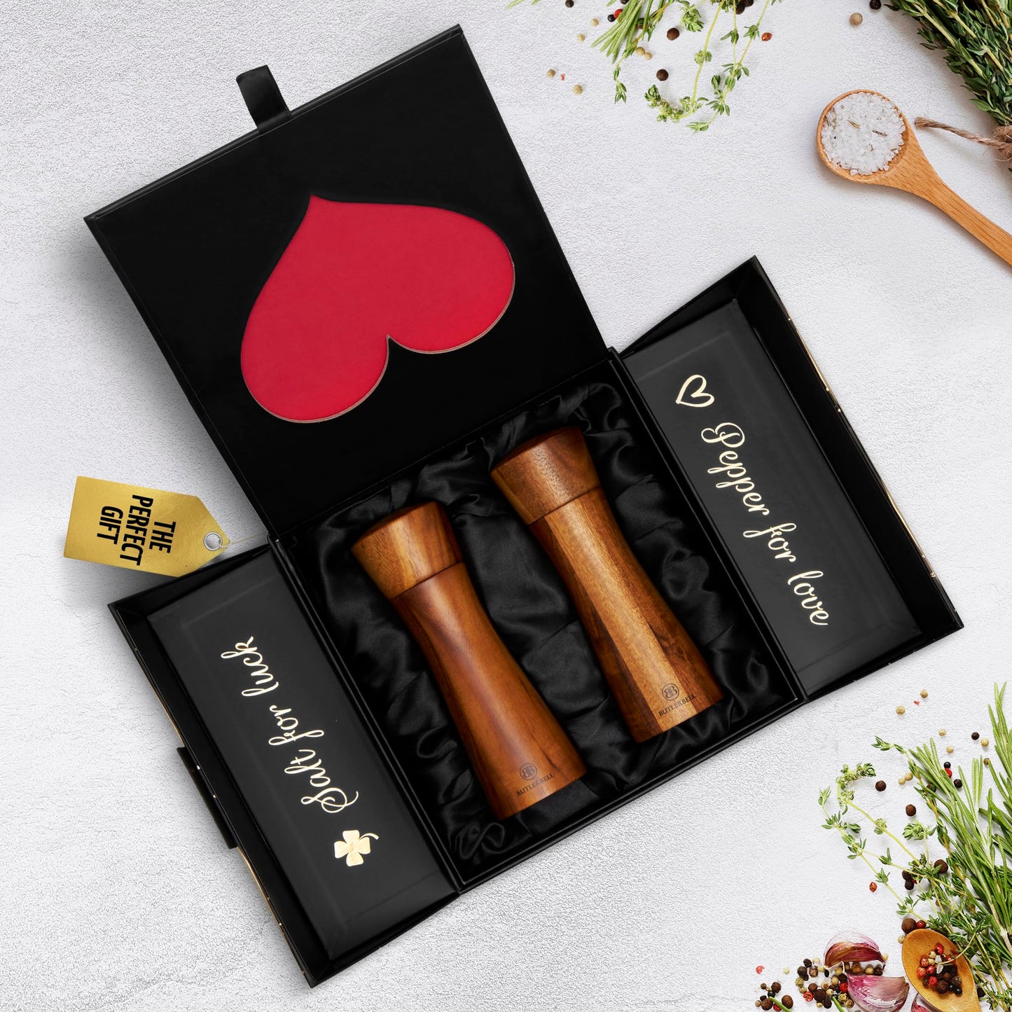 BUTLERBELL® Salz und Pfeffermühle Holz in Luxus Geschenkbox mit Herz ideal als Hochzeitsgeschenk | Geschenke zur Hochzeit | Hochzeitsgeschenke für Brautpaar | Einweihungsgeschenk (Engel)